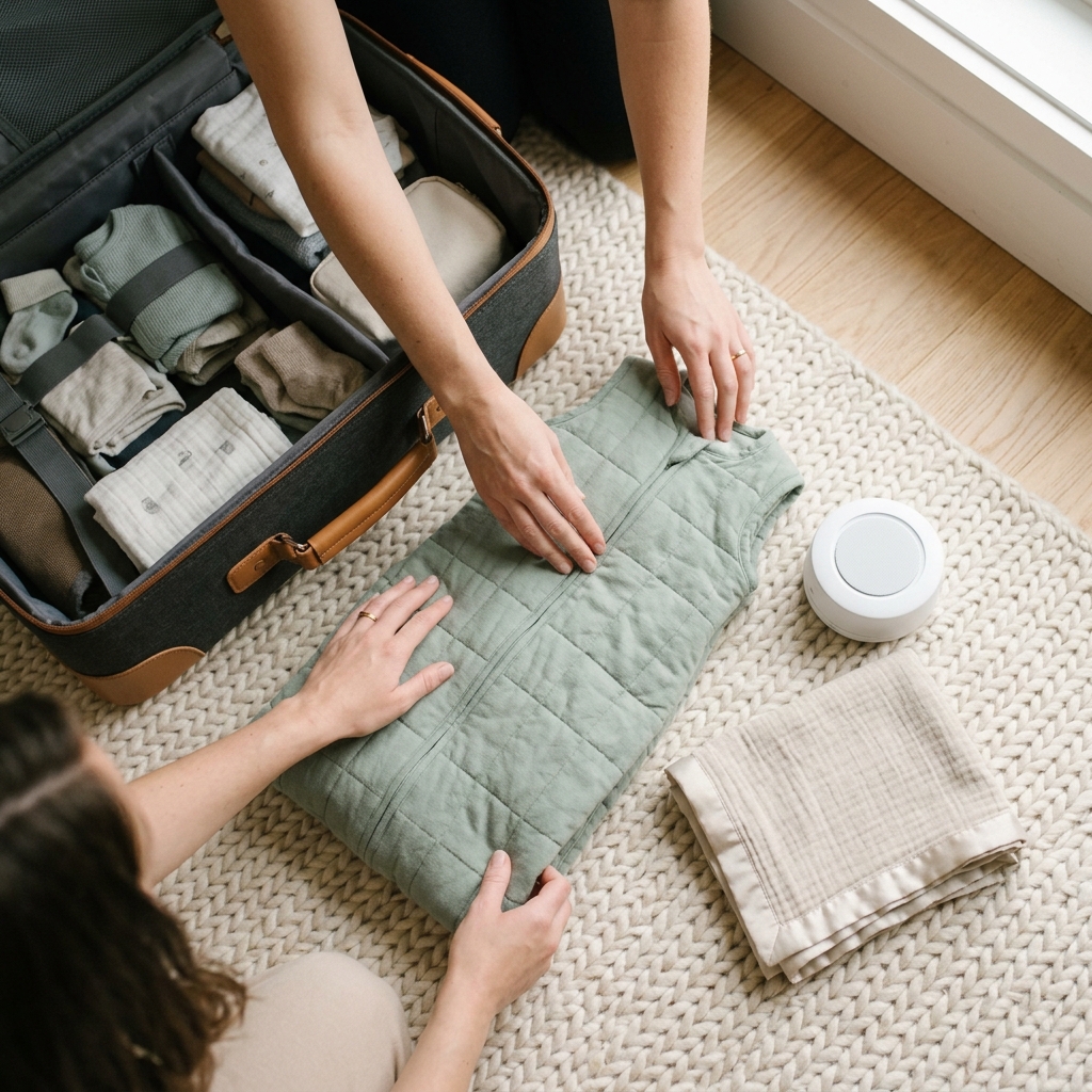 An overhead view of a parent's hands neatly arranging a baby's sleep sack and white noise machine next to an open suitcase.