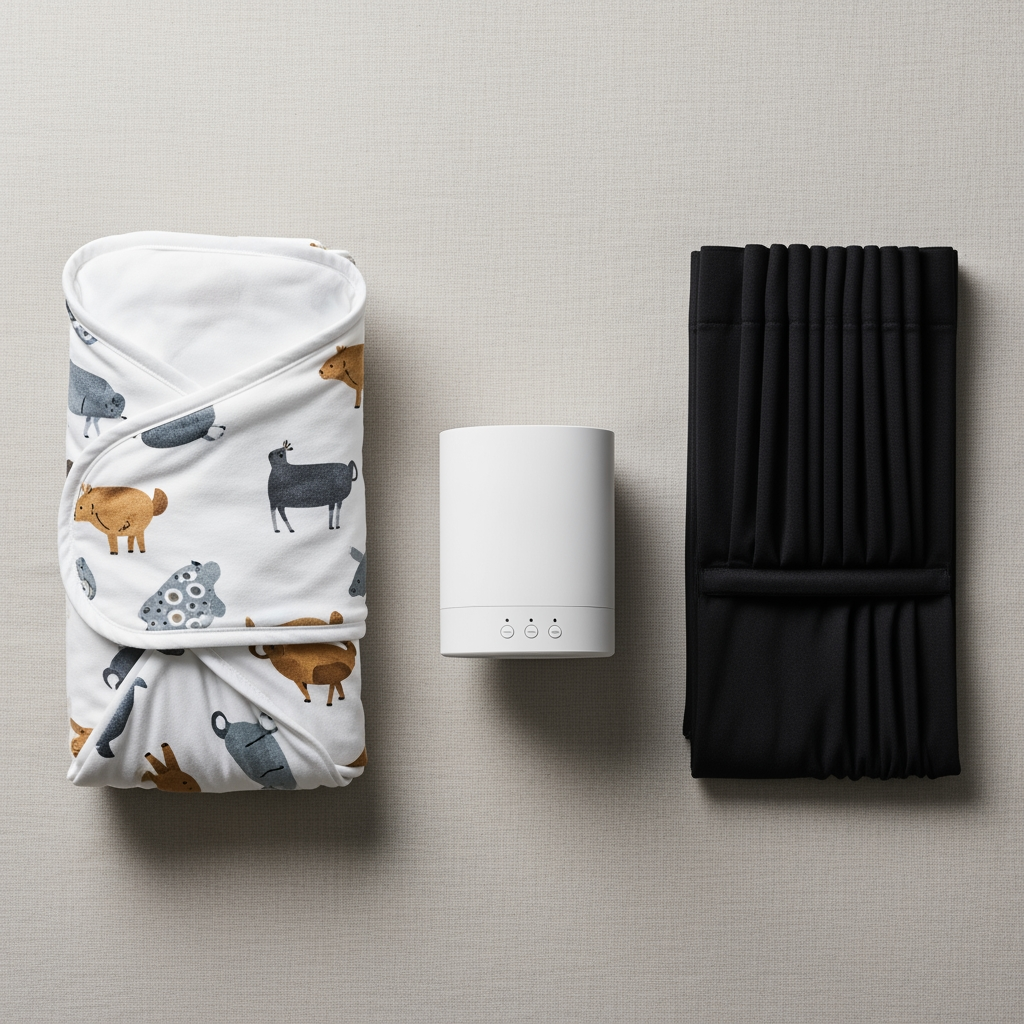 An overhead view of a parent's toolkit for baby sleep: a swaddle, a white noise machine, and a piece of blackout curtain fabric.