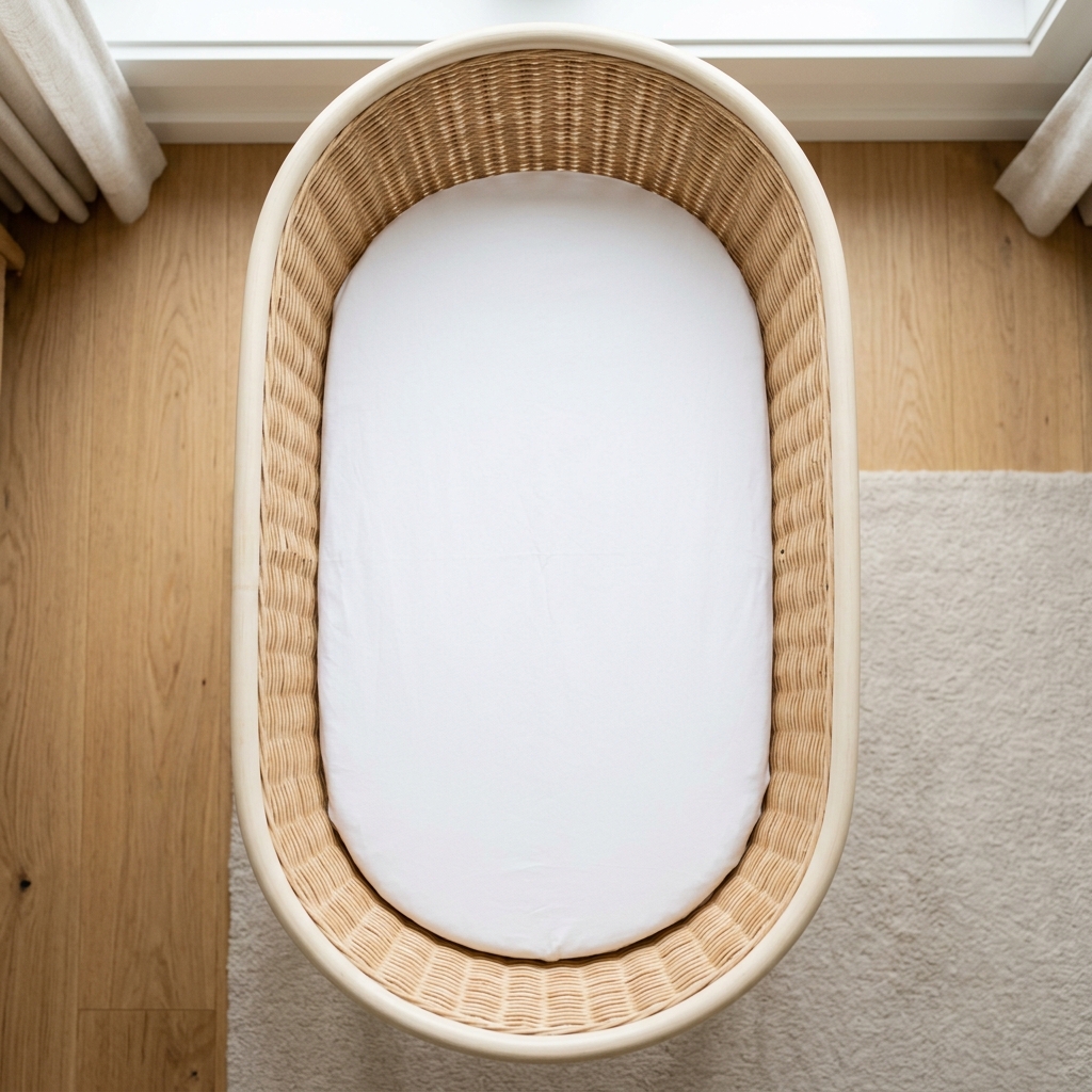 An overhead view of a safe and empty baby bassinet with a tight-fitting sheet, ready for sleep.