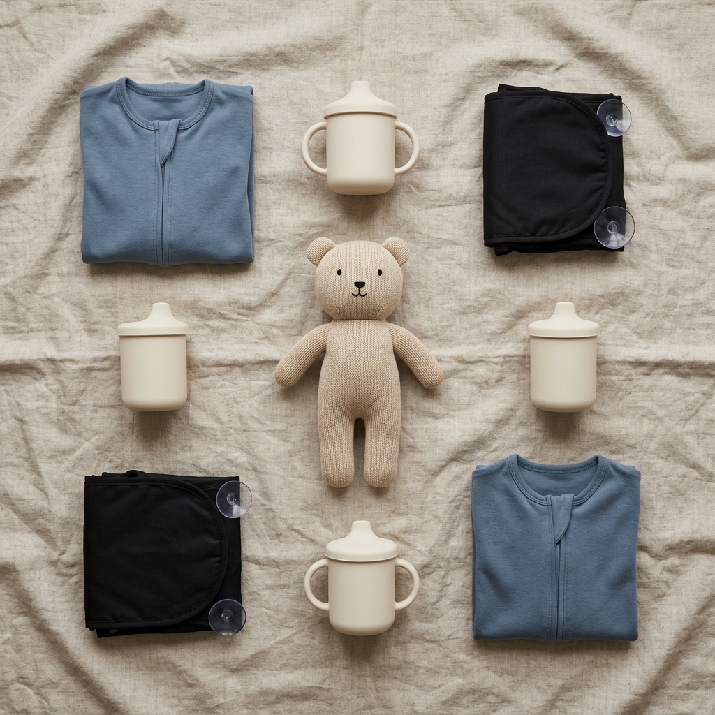 An overhead view of neatly arranged baby travel essentials, including a sleep sack, stuffed animal, sippy cup, and portable blackout shade.
