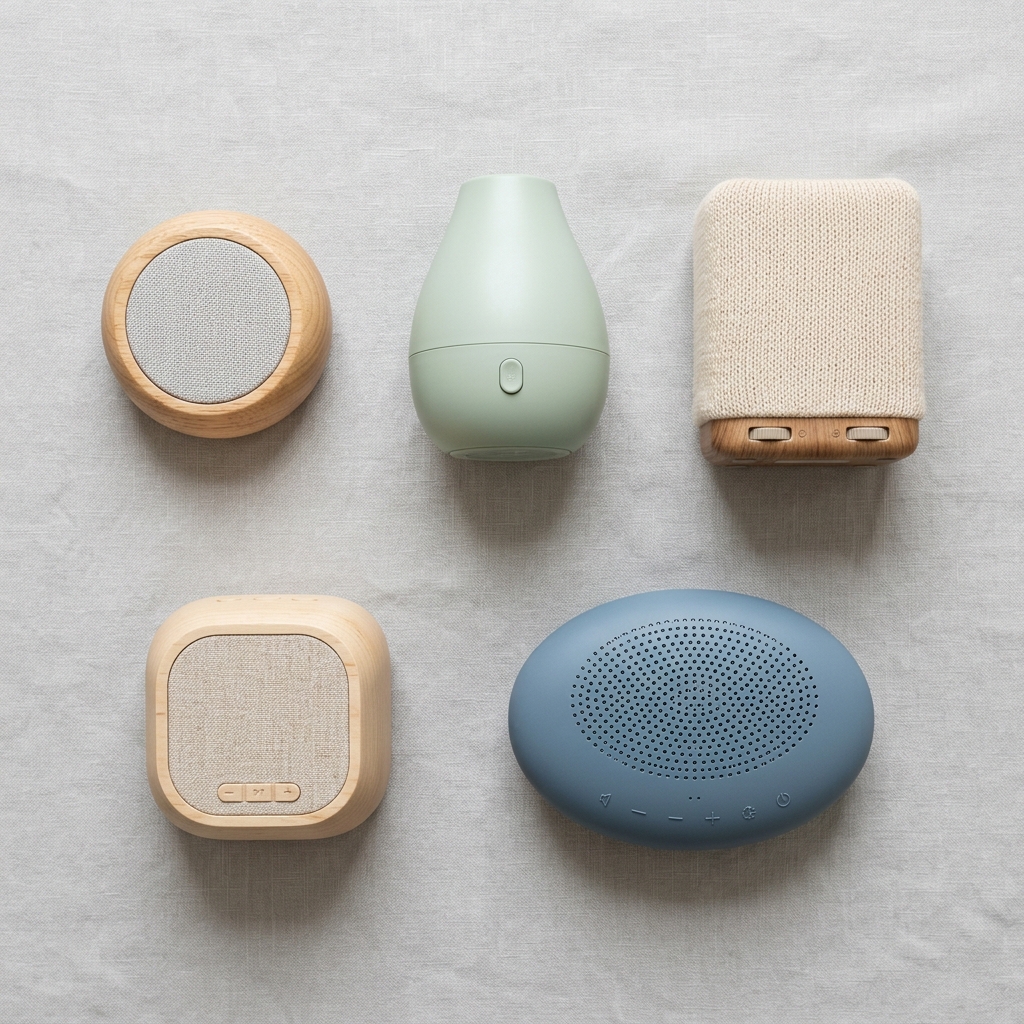 An overhead view of several different modern baby sound machines arranged neatly for comparison.