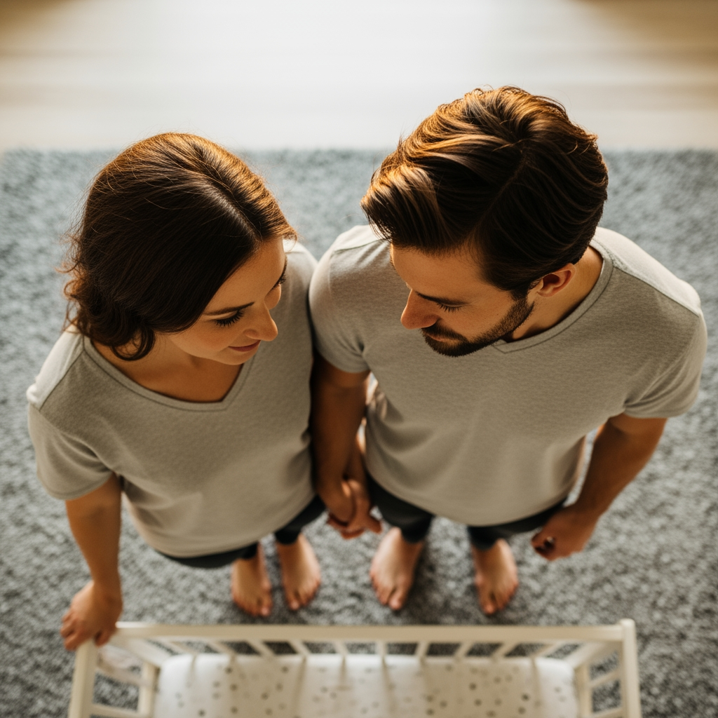 An overhead view of two parents standing together and looking down with calm, united expressions.