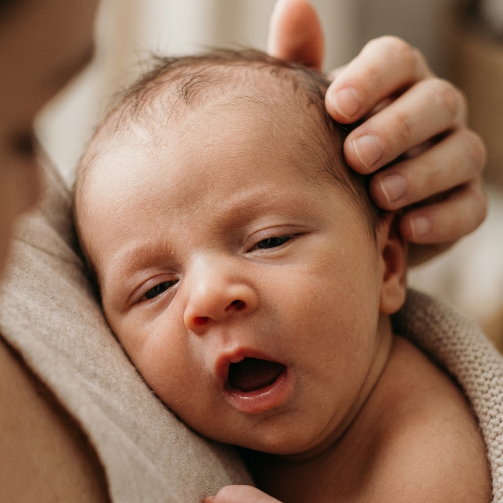 en: A close-up of a baby showing a sleepy cue with a small yawn, as a parent's hand gently comforts them.