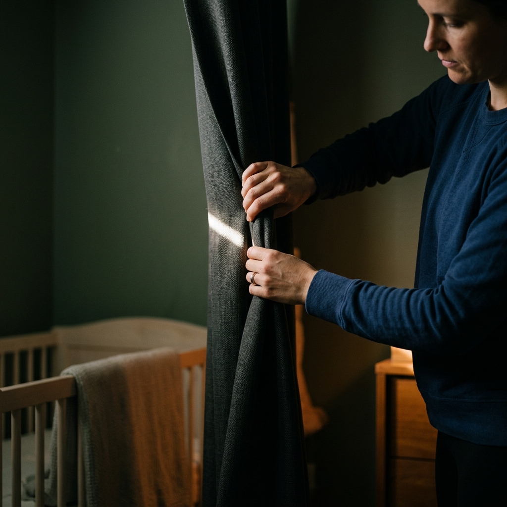 en: A pair of hands carefully adjusts a blackout curtain, allowing only a small sliver of light into a dark room.
