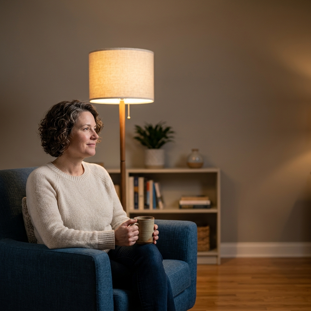 en: A parent relaxes in an armchair in a quiet living room at night, finally resting after the baby is asleep.