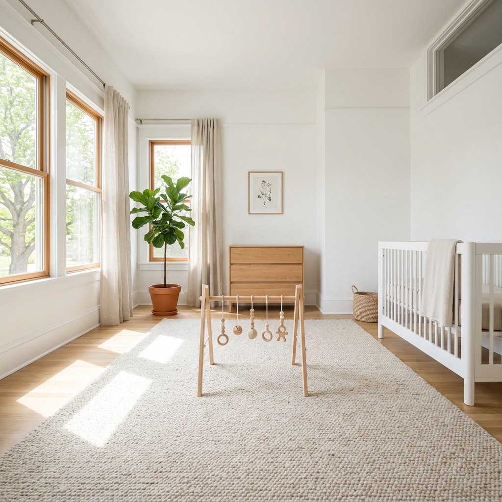 en: A wide view of a bright, clean nursery with a simple wooden play gym on a rug, representing a starting point.