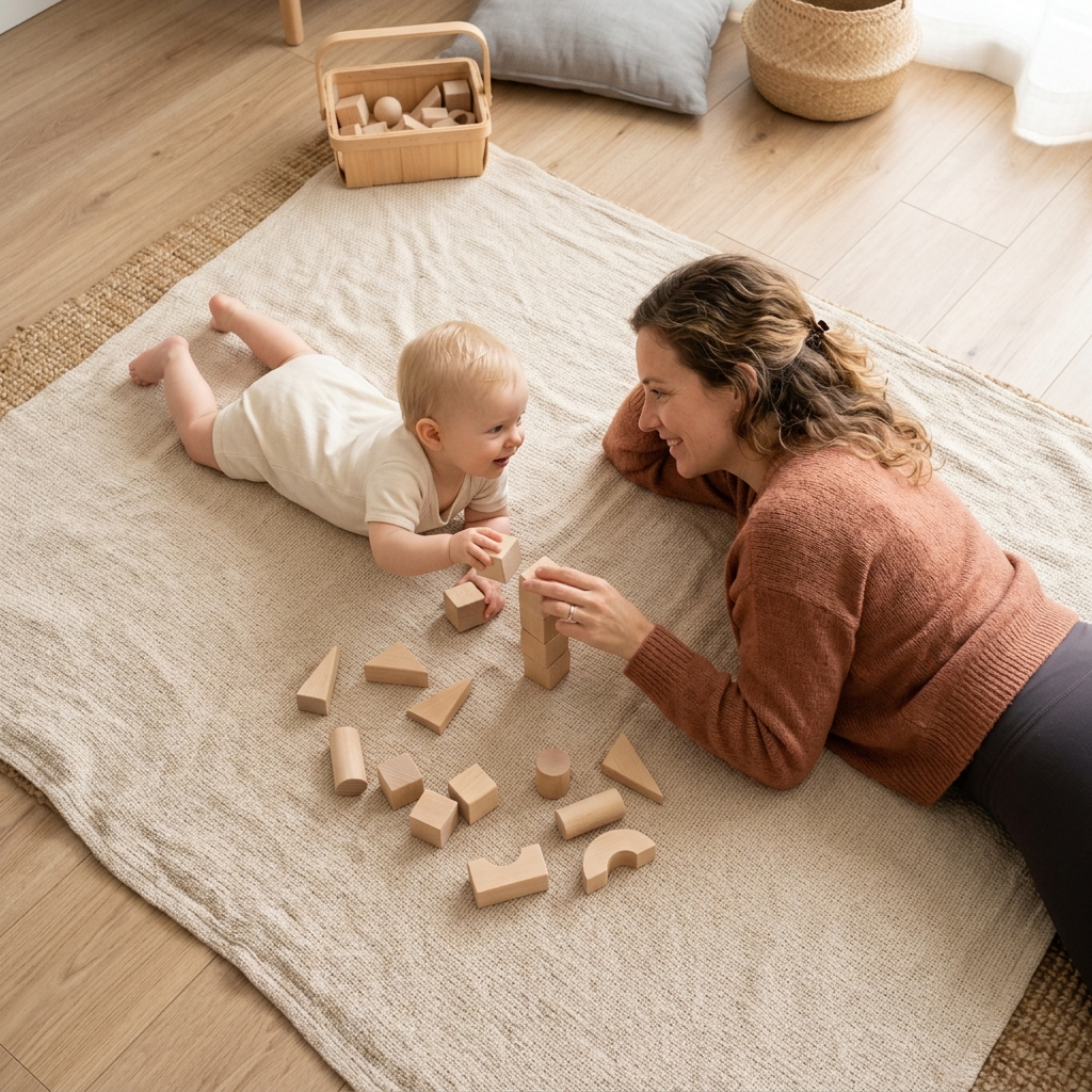 en: An overhead view of a parent and baby playing calmly with wooden blocks on a blanket on the floor.