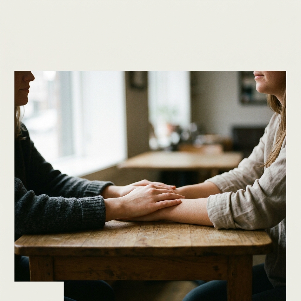 One woman's hand rests supportively on another's arm across a table, symbolizing asking for and receiving professional or personal help.