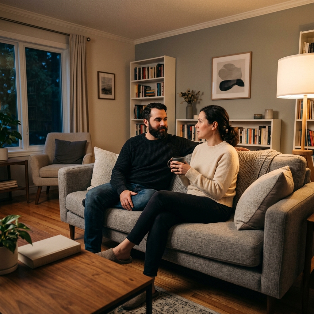 Two parents sit on a sofa at night, talking supportively, representing parental readiness for sleep training.