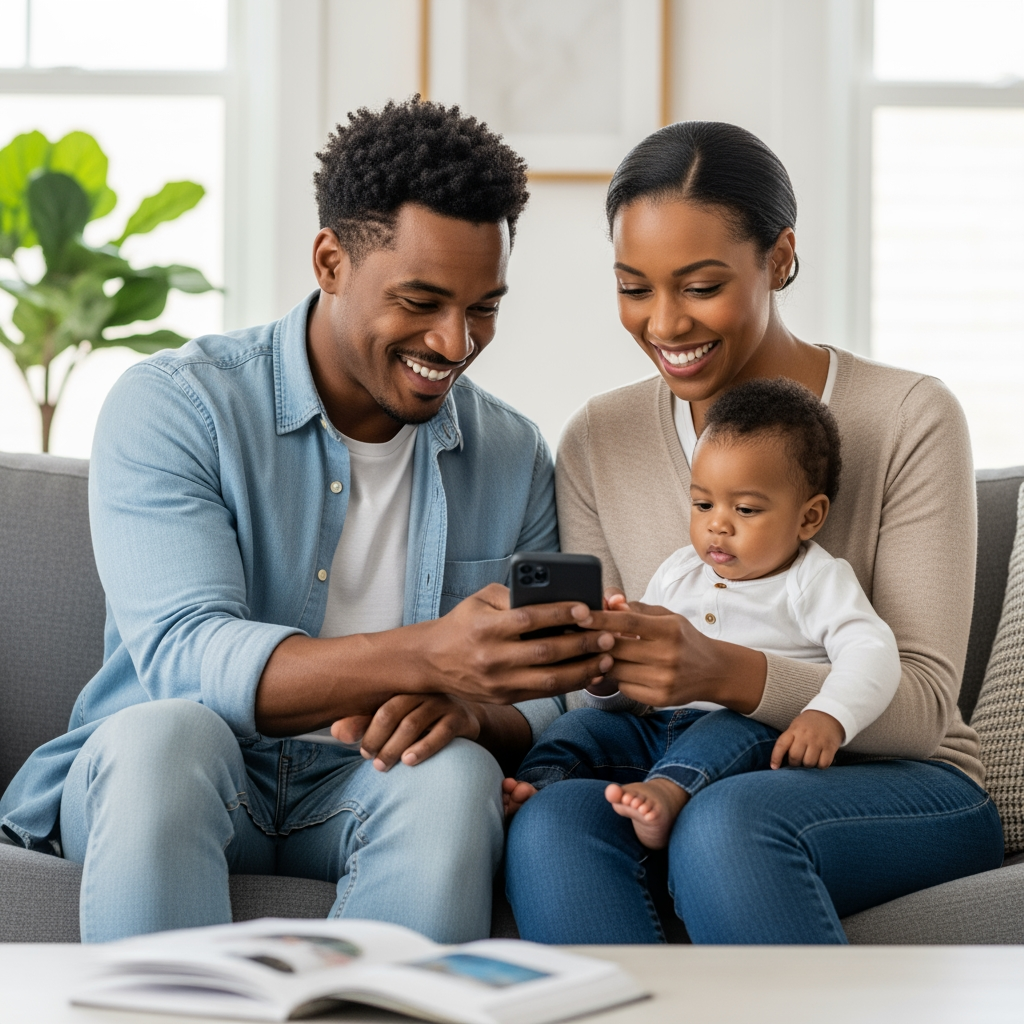 Two parents sit together on a couch, smiling and looking at one phone, symbolizing app data syncing for Baby Daybook.