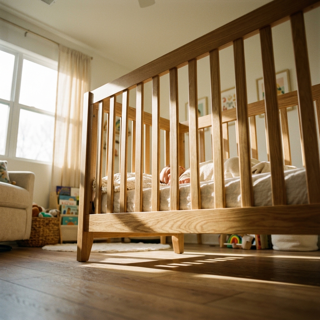 Viewed from a low angle, a baby sleeps peacefully in their home crib, with sunlight streaming into the nursery.